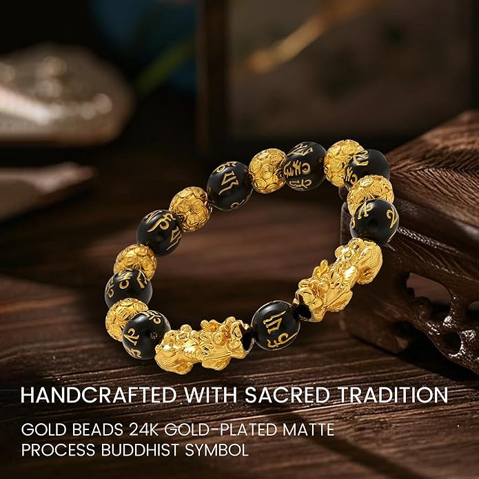 KINLNGEE Dual 24K Gold Plated Pixiu Feng Shui Obsidian Bracelet, Lucky Wealth Charm & Dragon Protection for Men/Women, Mantra Prayer Beads Bracelets, Protective Amulet Gift, Jewelry Gifts(10mm)