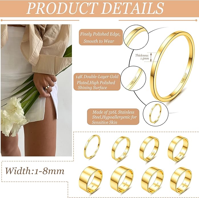 LOYALLOOK 8Pcs Gold Rings Stainless Steel Stacking Rings for Women Statement Bands Plain Finger Ring Thumb Pointer Ring Stackable Thin Gold Ring Set Comfort Fit Size 5 to 10