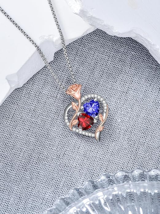 Jewelry for Her Double Heart Rose Birthstone Pendant Necklace Anniversary Jewelry Christmas Birthday Gifts for Women Wife Girlfriend