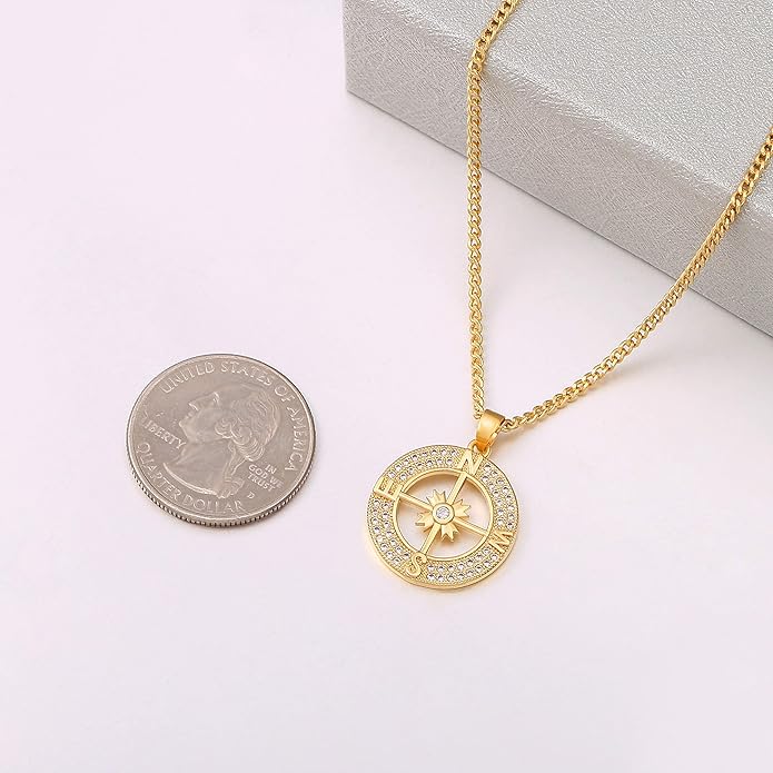 18k Gold Chain Link Necklace for Women, Baroque Pearl/Compass Pendant Necklace