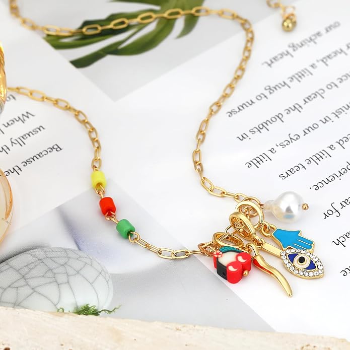 Charm Necklace for Women Gold Evil Eye Sun Moon Flower Coin Pendant Necklace Dainty Paperclip Chain Vintage Luck Amulet Choker Necklaces Celestial Jewelry Gift