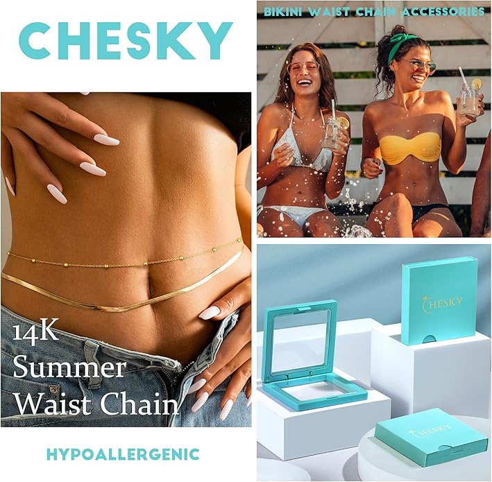 CHESKY Gold Waist Chain for Women, 14K Gold Plated Silver Layered Belly Belt Chains Sexy Bikini Beach Waist Beads Chain Waterproof Snake Pearl Cuban Body Chain Summer Jewelry Accessories for Women