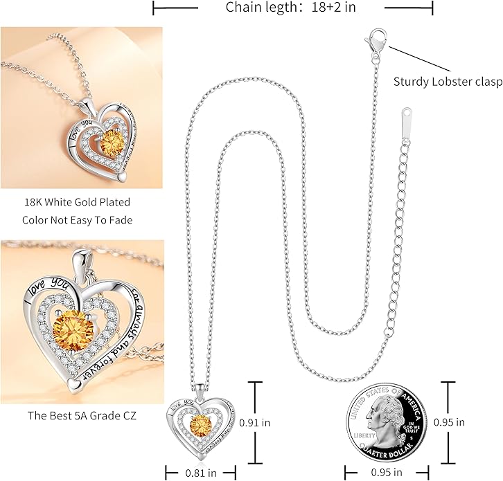 Heart Necklace, I Love You Always & Forever, Birthstone Cubic Zirconia Pendant, Gift for Women