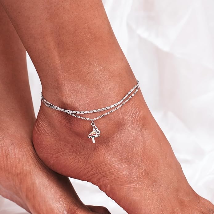 CHIC & ARTSY Womens Sterling Silver Created Opal Layered Anklet Bracelet Dainty Beaded Chain Adjustable 11" Best Friend Anklet