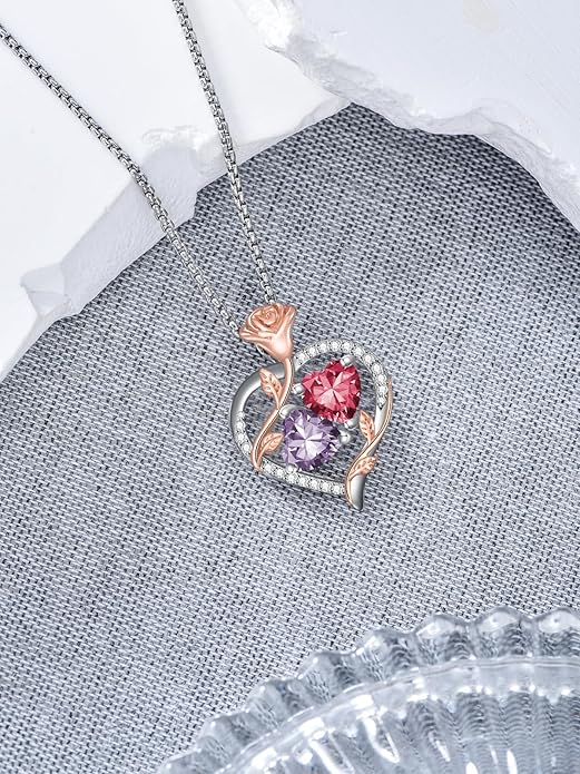 Jewelry for Her Double Heart Rose Birthstone Pendant Necklace Anniversary Jewelry Christmas Birthday Gifts for Women Wife Girlfriend