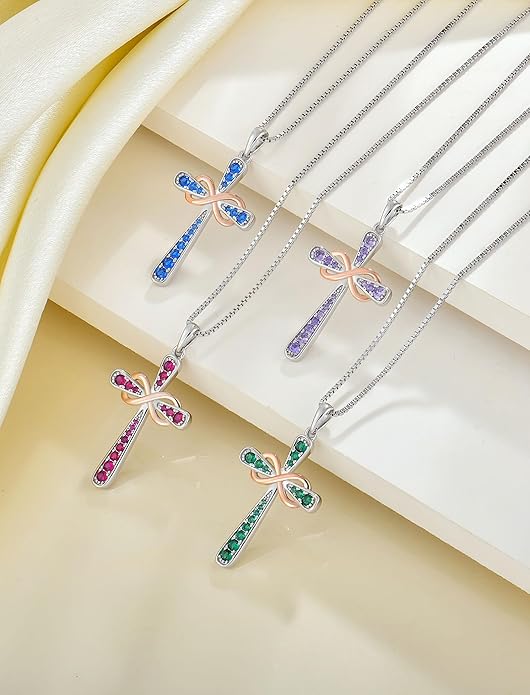 YL 925 Sterling Silver Cross Necklace for Women Halo Infinity Pendant Birthstone Jewelry for Mom