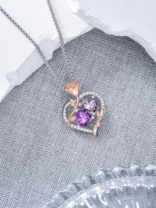 Jewelry for Her Double Heart Rose Birthstone Pendant Necklace Anniversary Jewelry Christmas Birthday Gifts for Women Wife Girlfriend