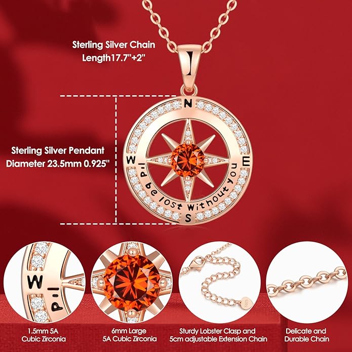 Compass Necklace Gifts for Women wife - S925 Sterling Silver Birthstone Necklaces for Women - Anniversary Birthday Gifts for Her Wife Girlfriend - Valentines Mom Mothers Day Christmas Gifts Jewelry for Women
