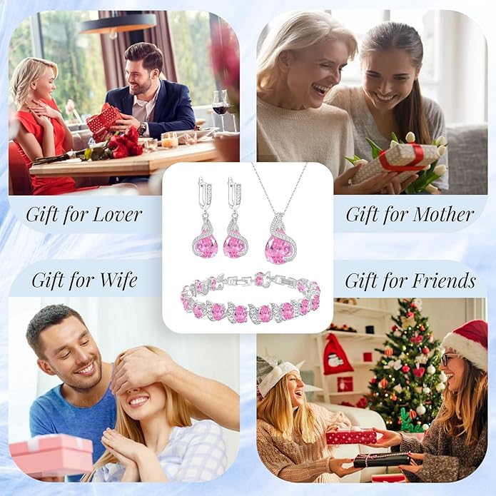 GZWHD Jewelry Set for Women Water Drop Cubic Zirconia Artificial Crystal Earrings Pendant Necklace Open Ring Tennis Bracelet Wedding Anniversary Birthday Engagement Gift for Bridesmaid Wife Girlfriend Friend