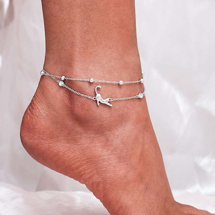 CHIC & ARTSY Womens Sterling Silver Created Opal Layered Anklet Bracelet Dainty Beaded Chain Adjustable 11" Best Friend Anklet