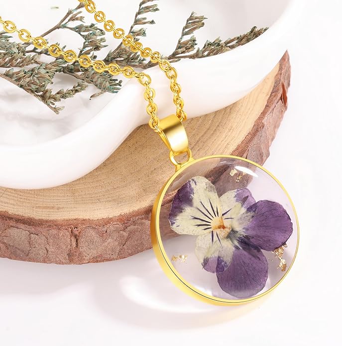 Forget-Me-Not and Queen Anne's Lace Pressed Wildflower Necklace | Birth Month Real Flower Necklace | Gold/Silver Pressed Flower Jewelry | Personalized Handmade Jewelry