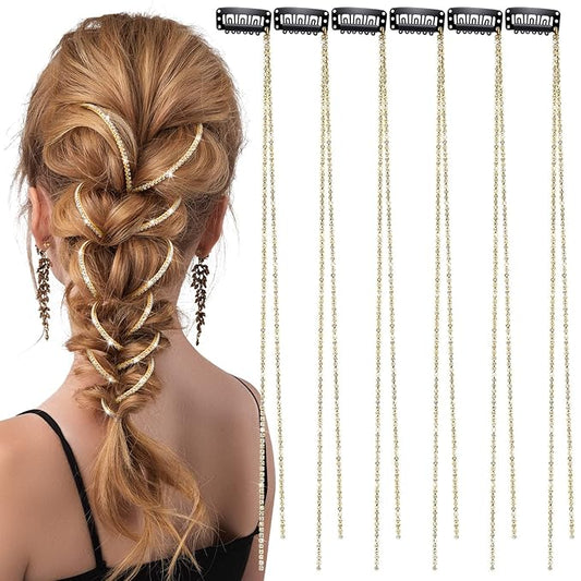 Chunyin 6 Pcs Rhinestone Hair Chains for Women Pearl Charm Rhinestone Hair Jewelry Accessories Crystal Extensions Clips Silver Gold Pins for Braids(Shiny Gold)