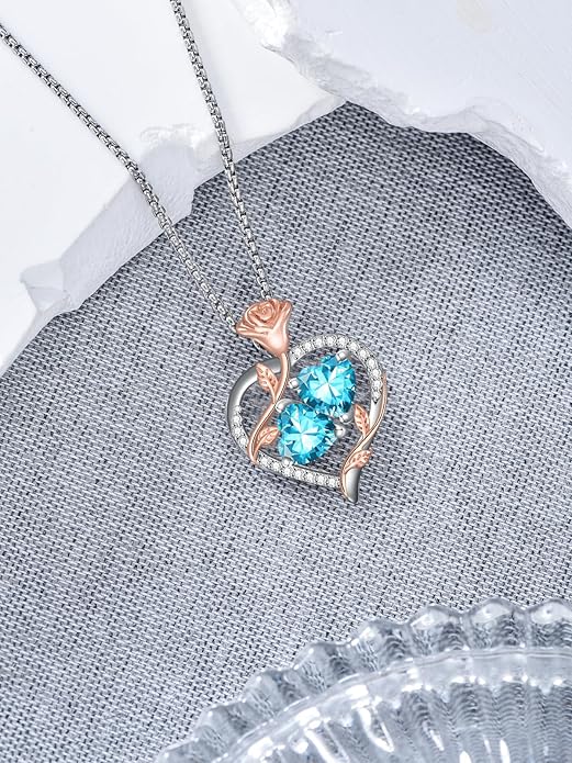 Jewelry for Her Double Heart Rose Birthstone Pendant Necklace Anniversary Jewelry Christmas Birthday Gifts for Women Wife Girlfriend