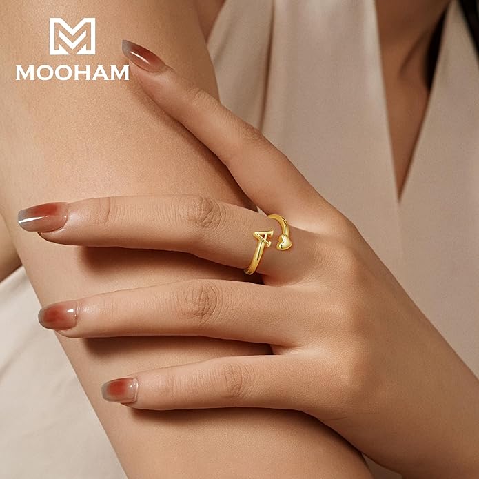 M MOOHAM Gold Rings for Women - 14K Gold Plate Initial Rings for Women Non Tarnish Letter A- Z Dainty Heart Ring Adjustable Pinky Ring Personalized Jewelry Gifts
