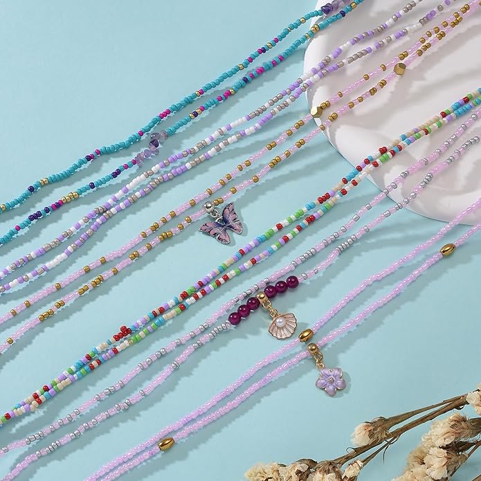 Tornito 8Pcs 31.5 Inches African Waist Bead Chain Elastic Belly Beads Butterfly Shell Layered Body Chain Colorful Jewelry Accessories for Women