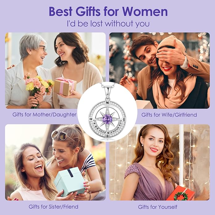 Compass Necklace Gifts for Women wife - S925 Sterling Silver Birthstone Necklaces for Women - Anniversary Birthday Gifts for Her Wife Girlfriend - Valentines Mom Mothers Day Christmas Gifts Jewelry for Women