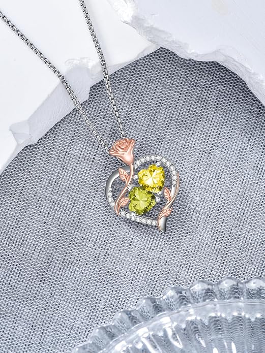 Jewelry for Her Double Heart Rose Birthstone Pendant Necklace Anniversary Jewelry Christmas Birthday Gifts for Women Wife Girlfriend