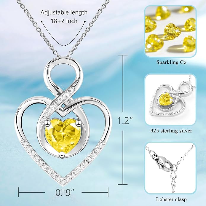 Heart Necklace for Women, 925 Silver Necklace with Infinity Heart Pendant, Personalized Birthstone Necklace Anniversary Birthday Gifts for Wife, Girlfriend, Mom