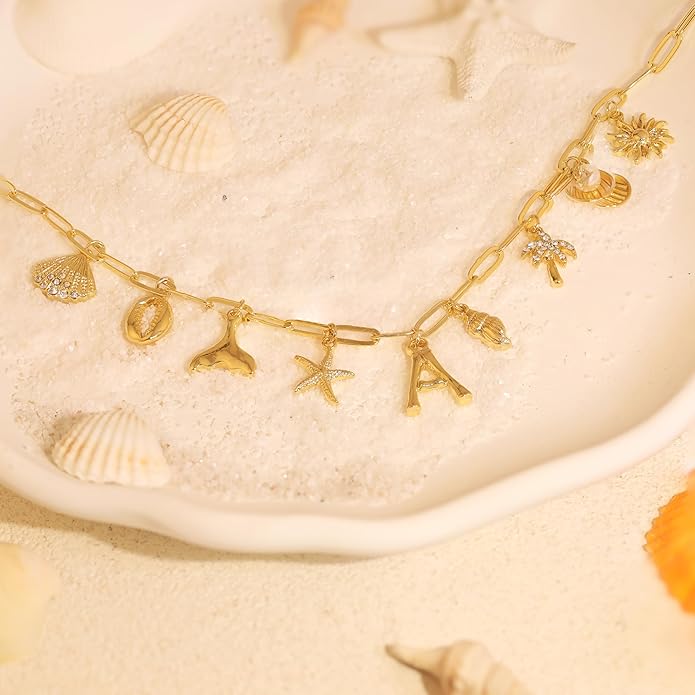 Initial Charm Necklace For Women Shell Letter Necklaces Gold Charms Pendant Boho Summer Seashell Beach 14k Starfish Surfer Jewelry Gifts