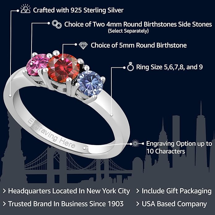 Gem Stone King 925 Sterling Silver Customized and Personalized 3 Gemstone Birthstone Name Engraved Ring For Women | Round 5MM and 4MM | Available In Size 5, 6, 7, 8, 9