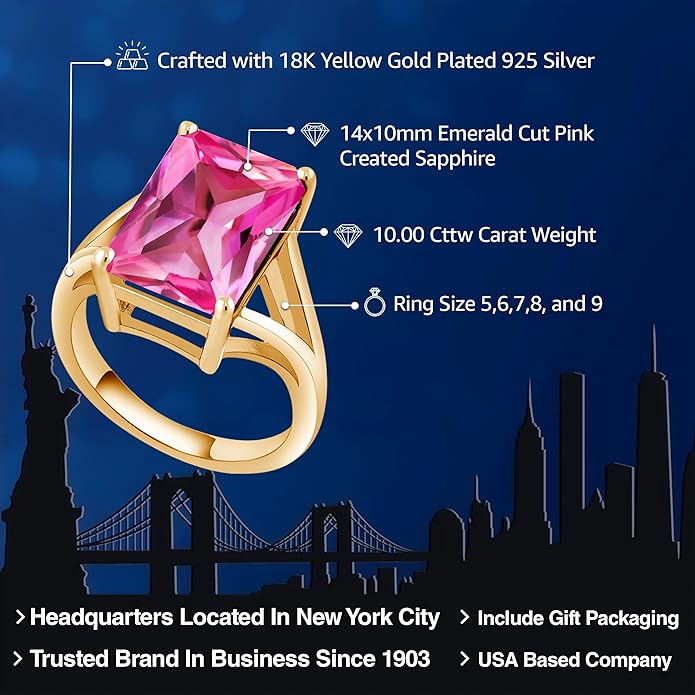 Gem Stone King 5-10 Cttw Gemstone Birthstone Solitaire Engagement Ring For Women | 18K Yellow Gold Plated Silver | 14X10MM Emerald Cut | Wedding Anniversary Ring | Available In Size 5, 6, 7, 8, 9