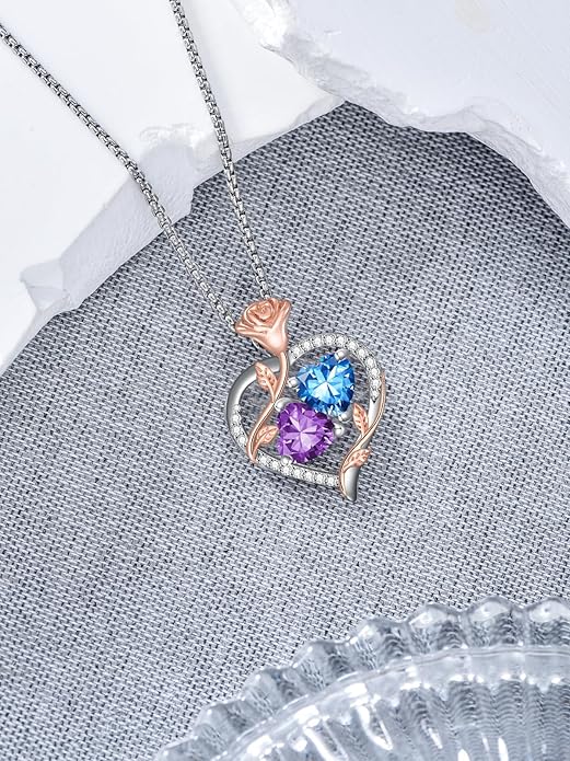 Jewelry for Her Double Heart Rose Birthstone Pendant Necklace Anniversary Jewelry Christmas Birthday Gifts for Women Wife Girlfriend
