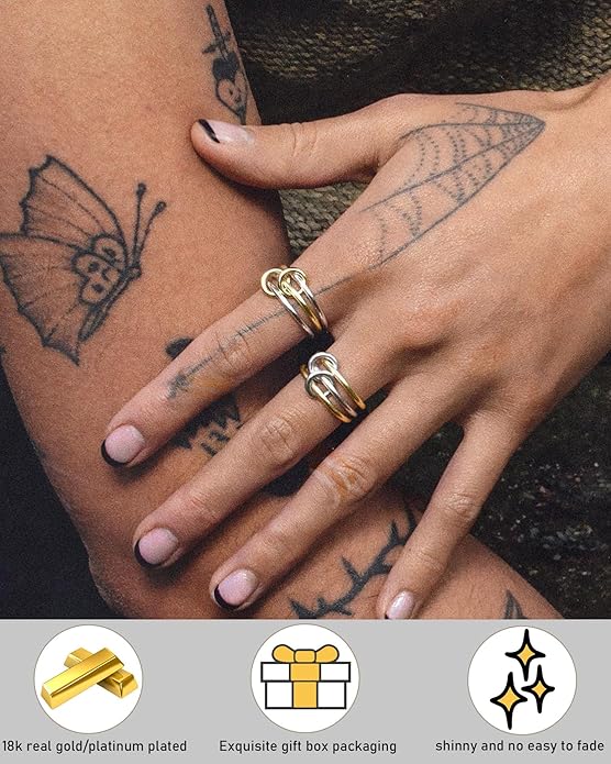 TLY Stackable Gold Rings for Women Non Tarnish 18K Gold Plated Interlocking Ring Stack Set Gold Silver Mixed Metal Statement Rings Dainty Cubic Zirconia CZ Fashion Connected Band Thumb Ring Size 4-11 Jewelry Gift for Women