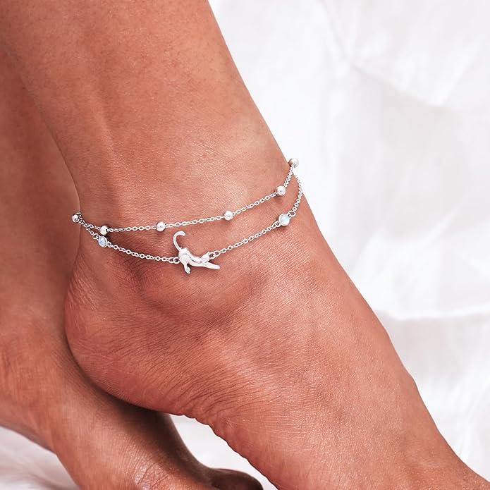CHIC & ARTSY Womens Sterling Silver Created Opal Layered Anklet Bracelet Dainty Beaded Chain Adjustable 11" Best Friend Anklet