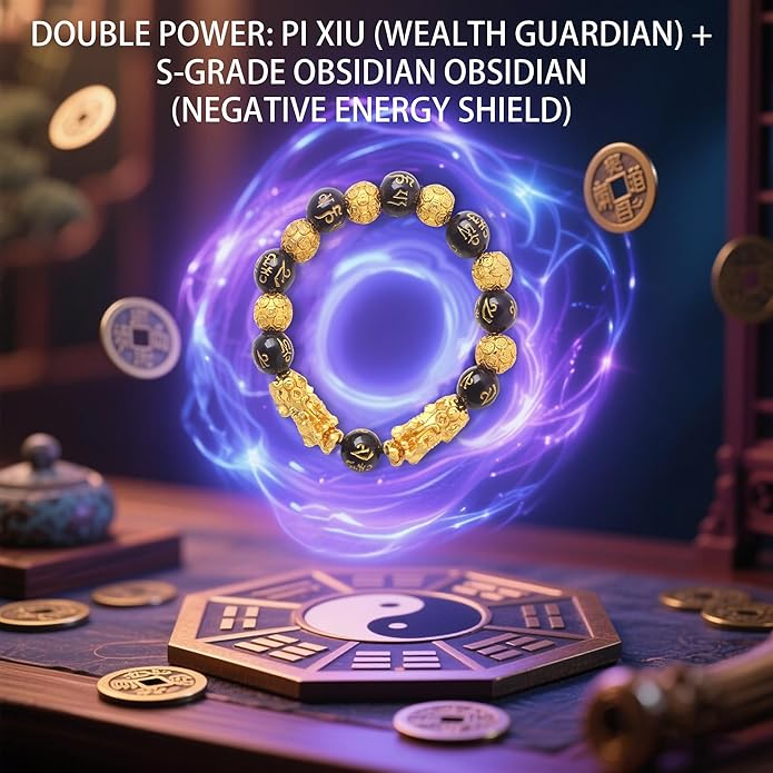 KINLNGEE Dual 24K Gold Plated Pixiu Feng Shui Obsidian Bracelet, Lucky Wealth Charm & Dragon Protection for Men/Women, Mantra Prayer Beads Bracelets, Protective Amulet Gift, Jewelry Gifts(10mm)