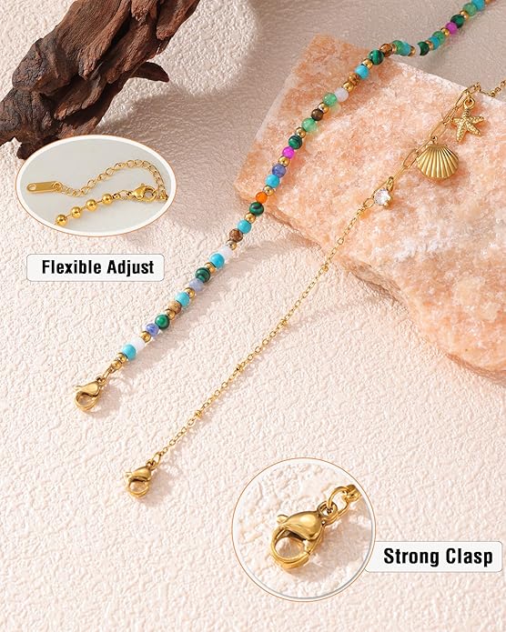 2/3 PCS Gold Anklets for Women Waterproof Boho Starfish, Seashell, Heart & Butterfly Charms Ankle Bracelets Non Tarnish Adjustable Layered Cuban Beaded Foot Chain Beach Jewelry for Summer Vacations