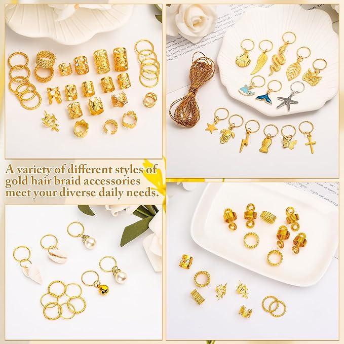 285PCS Gold Hair Jewelry for Braids, Gold Dreadlock Hair Accessories with Pendants Charms, Loc Jewelry for Hair Dreadlocks Rings Cuff Clips Charms for Braid Decoration