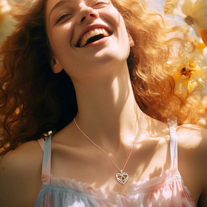 CDE S925 Silver Rose Gold Heart Birthstone Necklaces for Women，Ideal Anniversary or Birthday Jewelry Gifts for Wife Girlfriend Her