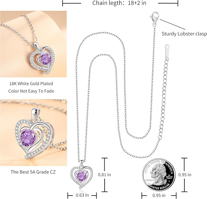 Heart Necklace, I Love You Always & Forever, Birthstone Cubic Zirconia Pendant, Gift for Women