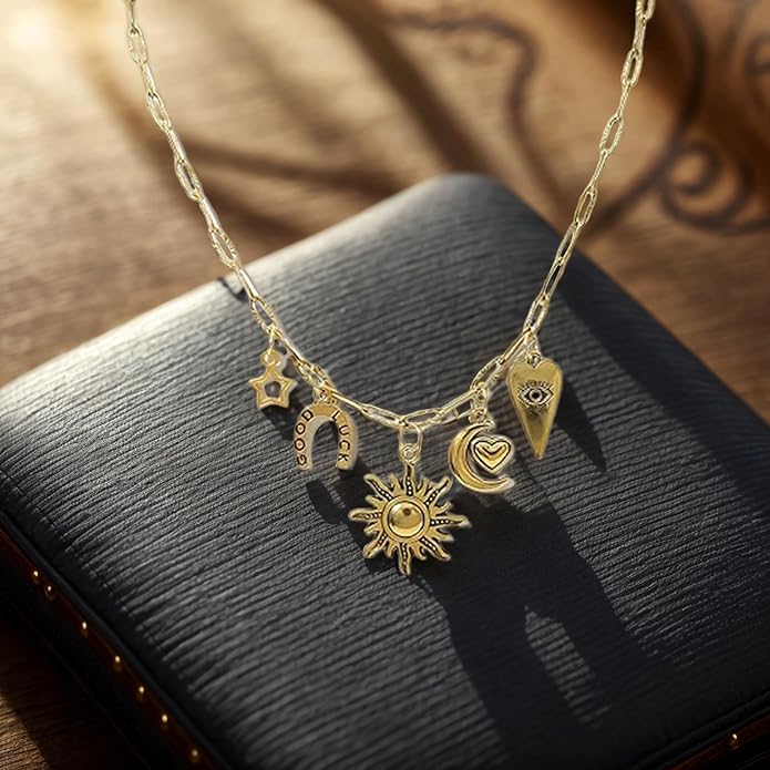 Chunky Retro Heart Necklace for Women Antique Layer Beach Ocean Moon Stars Western Boho Charm Necklaces Retro Link Chain Jewelry