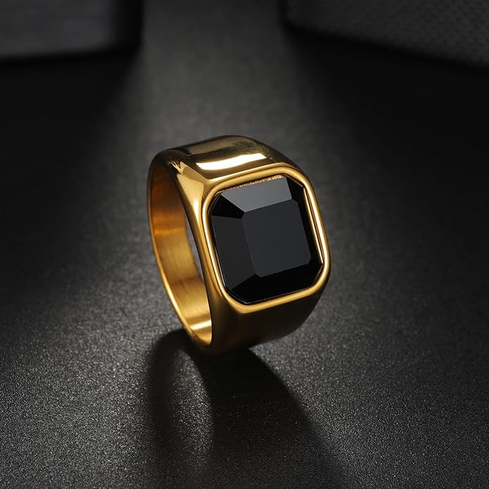 Mens Signet Rings Stainless Steel Pinky Ring for Men Women Silver/Black/Gold Square Cool Finger Ring, Gift for Dad Husband