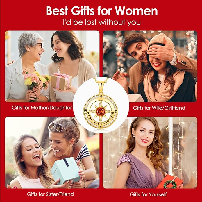 Compass Necklace Gifts for Women wife - S925 Sterling Silver Birthstone Necklaces for Women - Anniversary Birthday Gifts for Her Wife Girlfriend - Valentines Mom Mothers Day Christmas Gifts Jewelry for Women