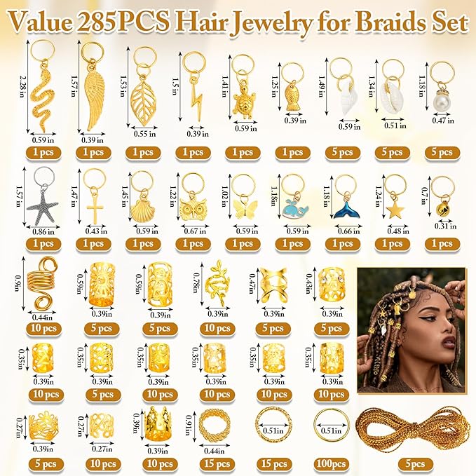 285PCS Gold Hair Jewelry for Braids, Gold Dreadlock Hair Accessories with Pendants Charms, Loc Jewelry for Hair Dreadlocks Rings Cuff Clips Charms for Braid Decoration