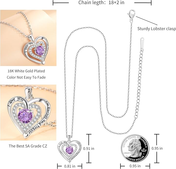 Heart Necklace, I Love You Always & Forever, Birthstone Cubic Zirconia Pendant, Gift for Women