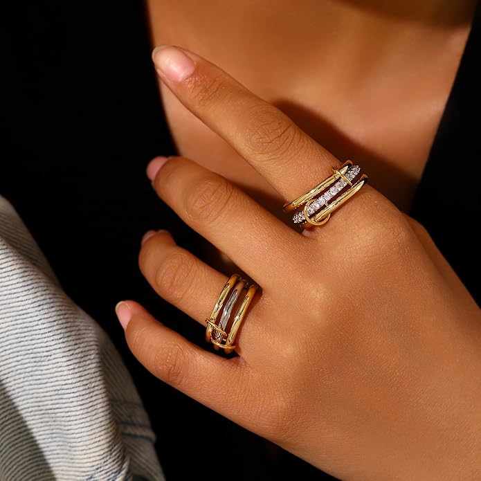 14K Gold Plated Interlocked Stackable Rings for Women Non Tarnish,Gold and Silver Cubic Zirconia Statement Rings Set,Mixed Metals Ring Two-Toned Connected Bands Stacking Jewelry
