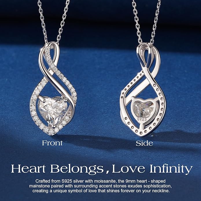 MOOSEA Infinity Moissanite Pendant Necklace, 1-3ct Lab Created Moissanite Necklace 925 Sterling Silver Anniversary Birthday Wedding Gifts for Women Wife Her, Dainty Heart Necklaces Jewelry Gift