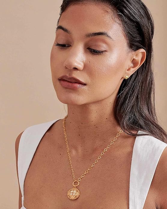 18k Gold Chain Link Necklace for Women, Baroque Pearl/Compass Pendant Necklace