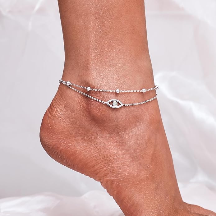 CHIC & ARTSY Womens Sterling Silver Created Opal Layered Anklet Bracelet Dainty Beaded Chain Adjustable 11" Best Friend Anklet
