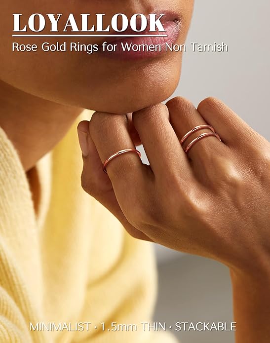 LOYALLOOK 1.5mm 14K Gold Filled Stacking Rings for Women - Stainless Steel Plain Thin Knuckle Thumb Statement Midi Band Rings - Comfort Fit Silver/Gold/Rose Tone, 3PCS