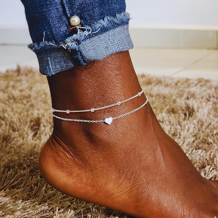 Ritach Ankle Bracelets for Women - Stainless Steel Silver/Gold Anklets for Women Waterproof Layered Cuban Link Figaro Chain Heart Anklets Set Summer Beach Jewelry Gifts