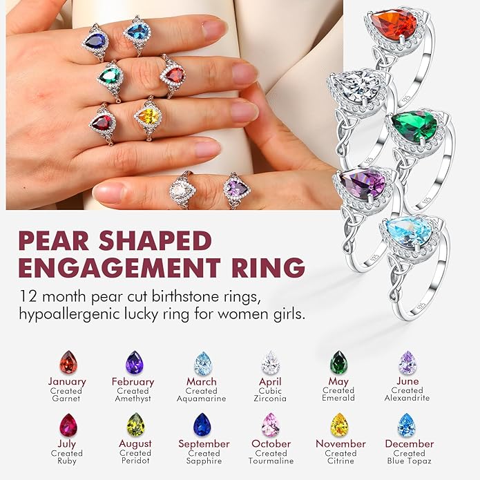 DAYBYDAY Celtic Birthstone Rings for Women 925 Sterling Silver Heart/Round/Pear/Oval Created Gemstone Moissanite Halo Engagement Promise Rings for Her Wife Birthday Anniversary Wedding Jewelry