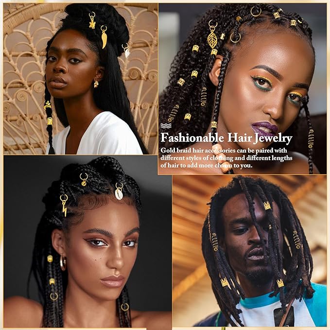285PCS Gold Hair Jewelry for Braids, Gold Dreadlock Hair Accessories with Pendants Charms, Loc Jewelry for Hair Dreadlocks Rings Cuff Clips Charms for Braid Decoration