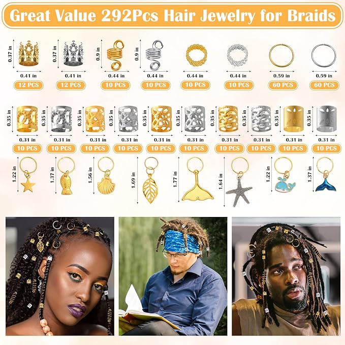 292Pcs Hair Jewelry for Braids, Gold And Silver Dreadlock Jewelry Accessories, Loc Decoration for Hair Dreadlock with Ring Cuffs Charm Decorations for Men and Women