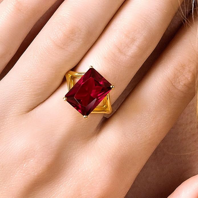 Gem Stone King 5-10 Cttw Gemstone Birthstone Solitaire Engagement Ring For Women | 18K Yellow Gold Plated Silver | 14X10MM Emerald Cut | Wedding Anniversary Ring | Available In Size 5, 6, 7, 8, 9