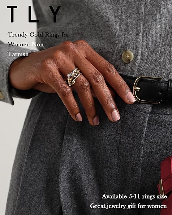 TLY Stackable Gold Rings for Women Non Tarnish 18K Gold Plated Interlocking Ring Stack Set Gold Silver Mixed Metal Statement Rings Dainty Cubic Zirconia CZ Fashion Connected Band Thumb Ring Size 4-11 Jewelry Gift for Women