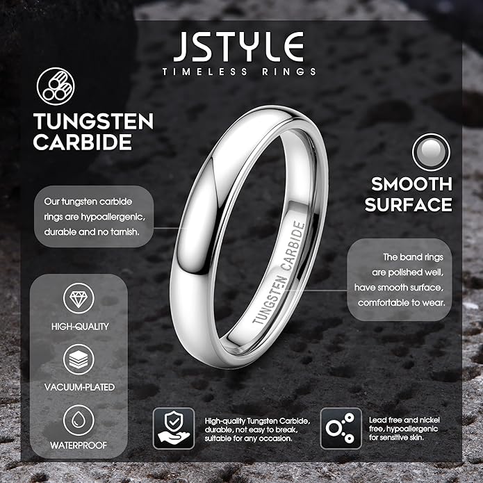 Jstyle 2mm 4mm 6mm 8mm Tungsten Rings for Men Women Hypoallergenic Wedding Band Rings Gold/Silver Domed High Polish Comfort Fit Size 6-12 Not Tarnished